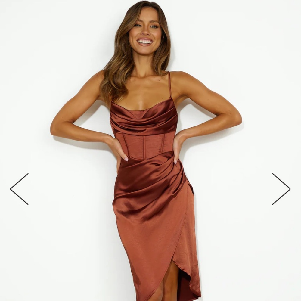 Hello Molly Rust Satin Cowl Neck Midi Dress